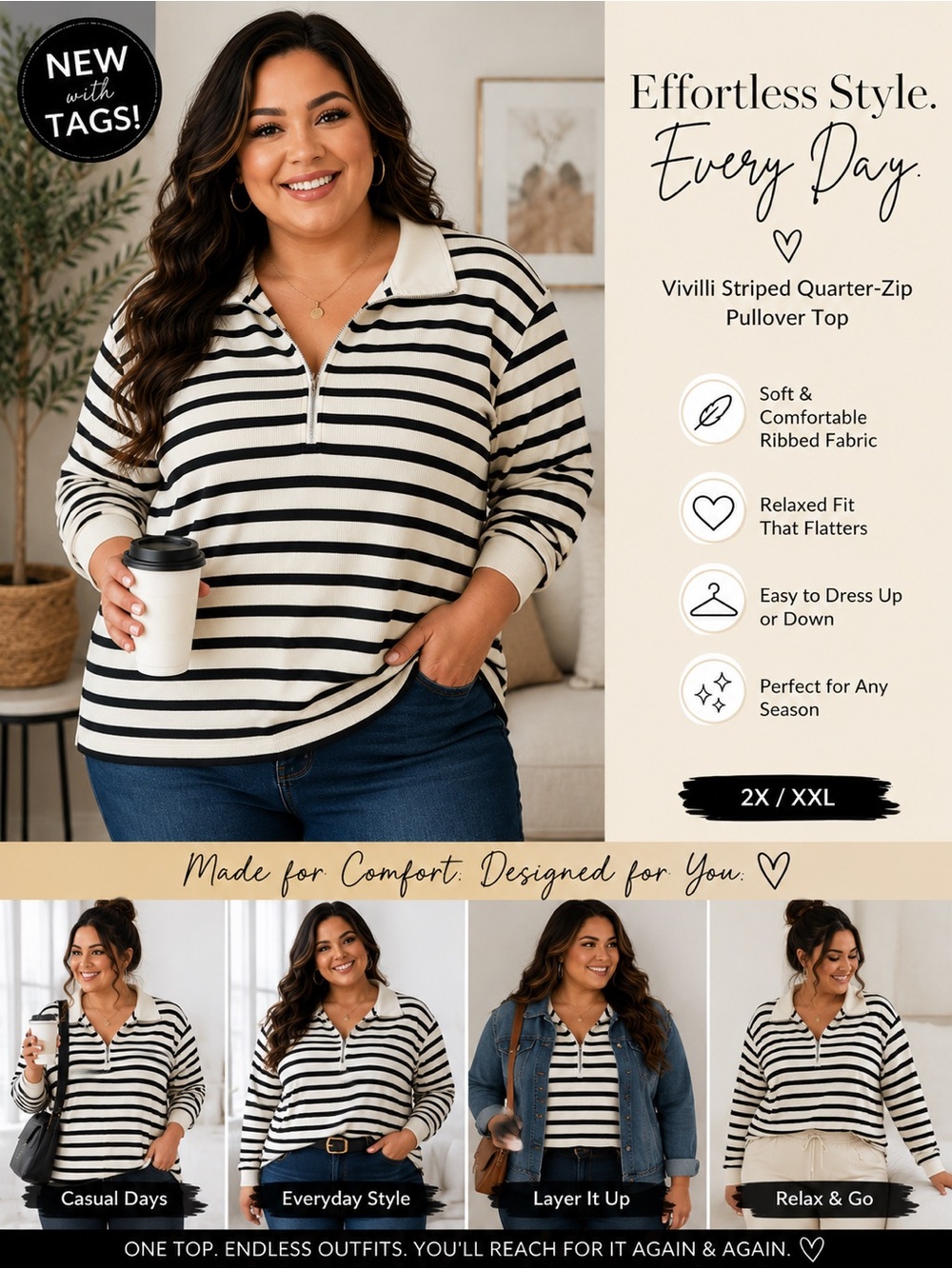 ViVI Black & Cream Striped Quarter-Zip Pullover